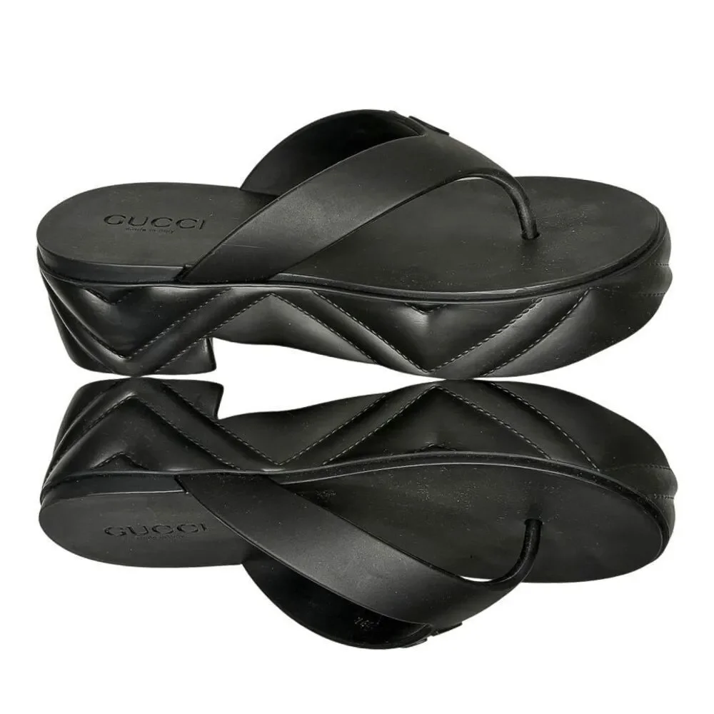 Gucci Rubber Chevron Logo Platform Thong Sandals Black Size 37 Box & Dust Bag - Picture 6 of 13